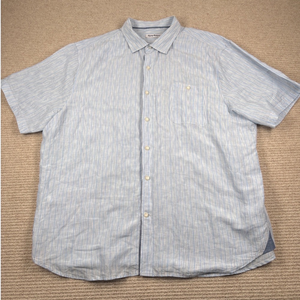 Tommy Bahama Button Down Shirt Mens XXL Blue Striped Linen Blend Beachy Summer